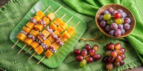 Sticker - Skewered fruit and cheese artfully arranged on a plate.