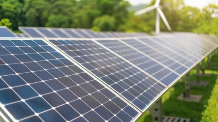 Close-up of solar panels in a green environment with a wind turbine in the background, showcasing renewable energy technology and sustainability.