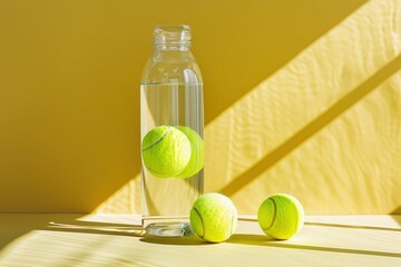 Tennis balls in a bottle of water on a yellow background, showcasing vibrant colors and playful elements of sport and hydration Ideal for fitness concepts and summer themes