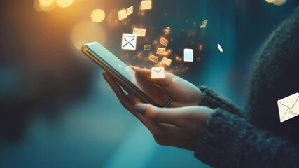 Poster - Woman using her smartphone at night, surrounded by email icons, immersed in the digital world of a city