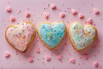 Heart Love shape cookie cookies biscuit, sprinkle and icing set, on  pastel background, created by ai