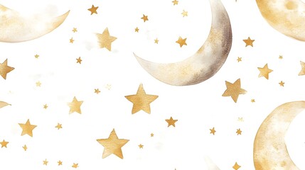 Poster - Delicate watercolor stars and crescent moon in soft gold tones with a minimalistic and airy design on a serene white background creating a seamless celestial pattern