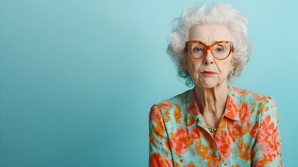 Poignant portrait of an elegant mature woman dressed in a vintage inspired floral dress posing thoughtfully against a plain azure studio background