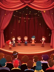 Aufkleber - Young performers in vibrant costumes engage an enthusiastic audience during a theatrical presentation filled with joy. Generative AI