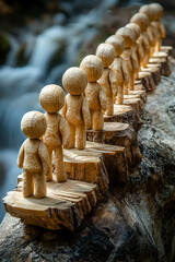 A group of wooden figures are lined up on a rock. The figures are all the same size and shape, and they are all facing the same direction. The scene is peaceful and serene