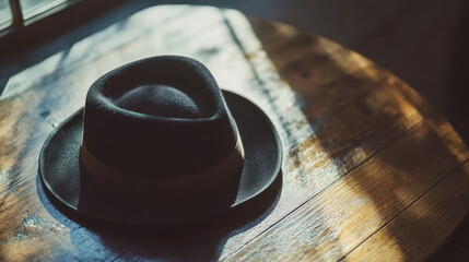 A close-up of a stylish black hat resting on a wooden table, with soft light casting shadows, creating an elegant atmosphere