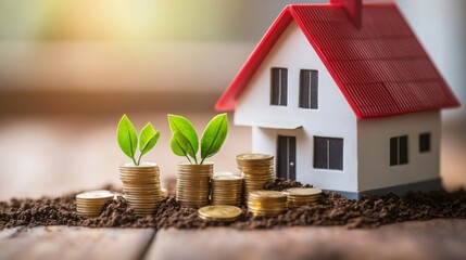 Poster - A miniature house surrounded by coins and green sprouts, symbolizing growth, investment, and financial prosperity in real estate.