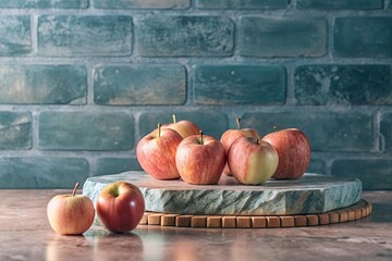 Poster - Crisp apples on a wooden board against a stone wall.