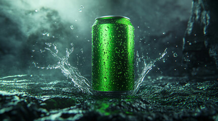 Bright Green Soda Can on Textured Surface with Splash