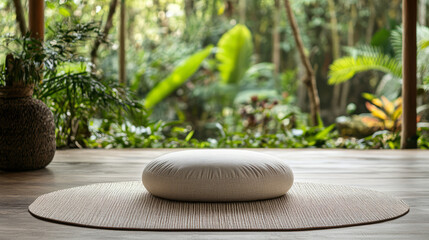 A yoga seat cushion designed for meditation, set on a clean mat with natural textures like bamboo and cotton, in a peaceful outdoor garden space