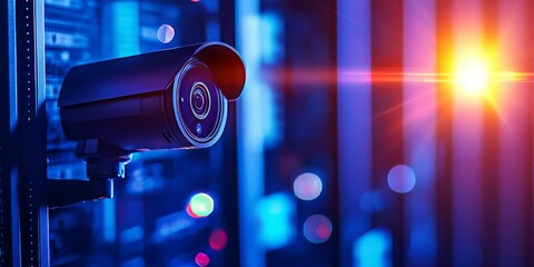 A close-up of a security camera in a server room, illuminated by blue and red lights, highlighting its role in surveillance and monitoring.