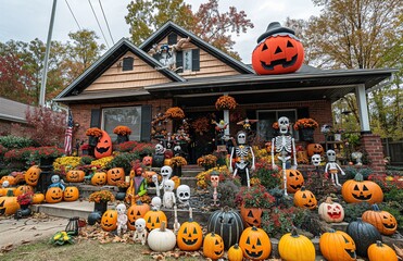 A suburban house decorated for Halloween.