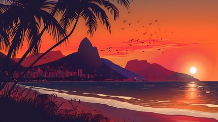 Wall Mural - A vibrant sunset over a beach with palm trees and mountains, capturing a serene tropical landscape.