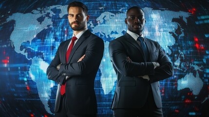 Multinational businessmen in suits, standing confidently in front of a digital background, ready to take on international challenges.