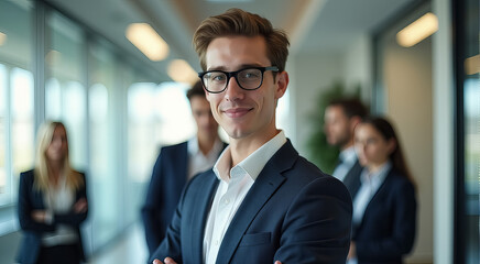 Sticker - A man in a suit and tie stands in front of a group of people