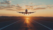 © Super Stocks - 3D render of an airplane taking off from an airport runway at sunset. The plane is flying in the sky over an empty asphalt road with lights on both sides. In the front view,