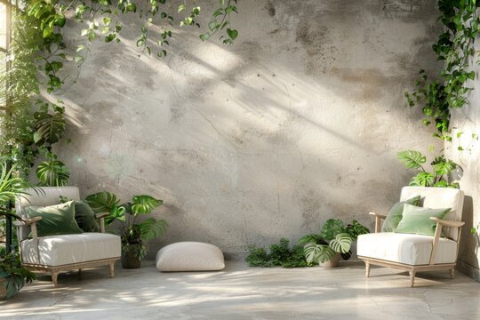 Beautiful Terrace with White Chairs, Green Pillows, and Plants on Beige Stucco Walls, Spring Mood