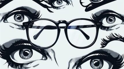 Poster - The artwork showcases a pair of stylish eyeglasses set against an engaging backdrop filled with intricately designed eyes. Generative AI