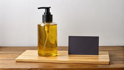 Sticker - Elegant soap dispenser and blank card on a wooden tray.