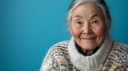 Portrait of a smiling contented elderly Inuit woman wearing a warm handmade knitted sweater against a plain blue studio background