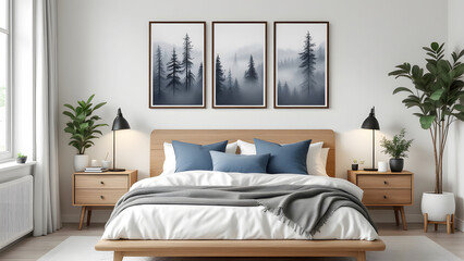 Rustic wooden bed with blue pillows and two bedside cabinets against white wall with three posters frames.