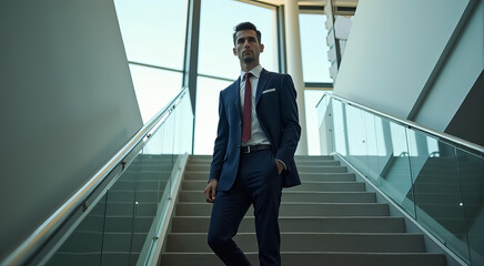 Wall Mural - A man in a suit is walking up a set of stairs