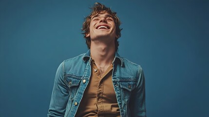 Full length Portrait Shot of a Cheerful Handsome Young Caucasian Man Dressed in a Stylish Denim Jacket and Khakis Posing with a Joyful Expression on a Plain Navy Studio Background