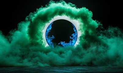 A glowing blue and white neon circle surrounded by green smoke, a circular portal, a futuristic concept, with space for your design.