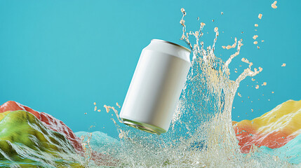 Plain White Soda Can in Splashing Water Scene