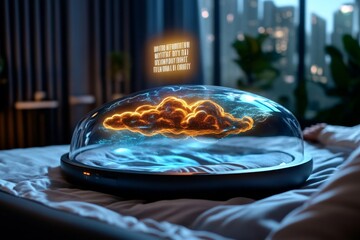 Poster - 3D model of a digital assistant projecting a motivational quote, floating in the air, as the person gets out of bed, surrounded by calming and energizing visuals