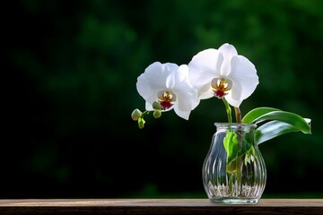 Poster - A single white orchid in a glass vase, placed elegantly on a wooden table, with soft light streaming through the window, highlighting its pure, simple beauty