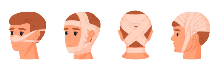 Wall Mural - bandaged human head. injured skull and face parts, nose and jaw, emergency treatment for bruises and