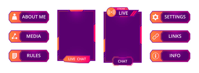 Wall Mural - gamers stream interface buttons. game streaming screen frames, mmo game menu, modern gamers stream i