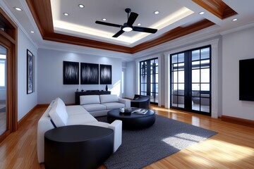 Aufkleber - Digital 3D model of a custom-designed living room, where customers can select furniture, color schemes, and dÃ©cor, arranging everything to create a personalized home environment