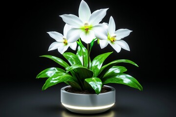 Aufkleber - Digital 3D model of an orchid plant, with detailed petals and leaves, rendered in a virtual space where the flowers can be viewed from all angles and in various lighting conditions