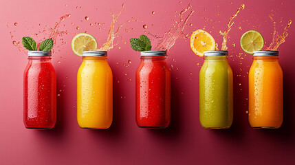 Five glass bottles with colorful juices and fruit slices on a pink background.