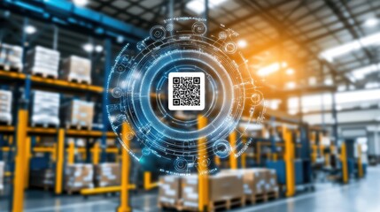 Futuristic warehouse with QR code technology, showcasing logistics innovation and automation in inventory management.