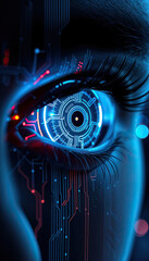 Poster - futuristic ai artificial intelligence cyber eye with embedded hi tech circuit board lines glowing blue light technology security concept vertical format