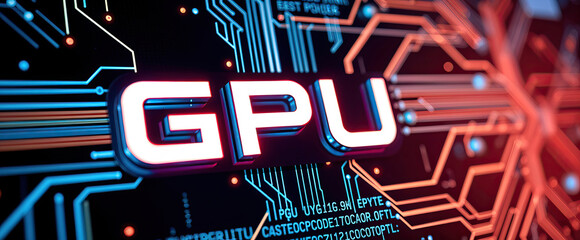 Poster - vibrant close-up of gpu lettering on circuit board with glowing neon lights technology computing concepts