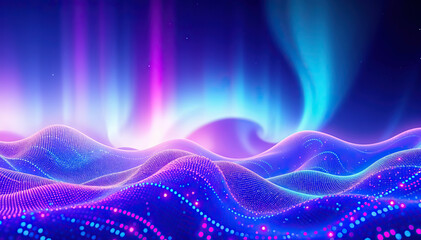 Poster - vibrant abstract digital landscape with dynamic waves aurora lights in blue purple hues technology background wallpapers