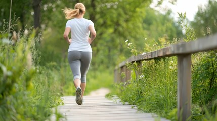 Woman jogging along a nature trail, highlighting exercise as prevention for heart disease and promoting overall health