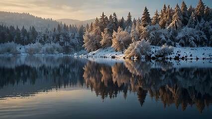  A beautiful sunrise over a lake with snow covered mountains in the background.
