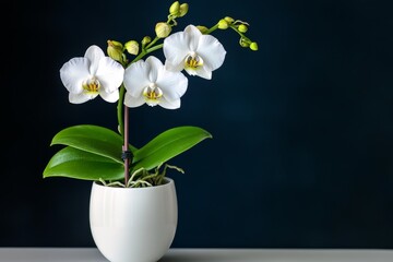 Poster - Minimalist orchid in a white ceramic vase, with just one stem and a few blossoms, placed on a clean surface, highlighting the simplicity and elegance of the design