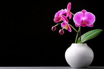 Poster - Minimalist orchid in a white ceramic vase, with just one stem and a few blossoms, placed on a clean surface, highlighting the simplicity and elegance of the design