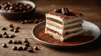 A tempting slice of tiramisu topped with cocoa powder and coffee beans on a plate, highlighting a delectable dessert perfect for coffee and dessert lovers.