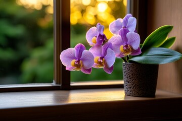 Poster - Moth orchids blooming on a windowsill, their soft purple hues glowing in the golden light of the late afternoon sun, casting delicate shadows on the wall
