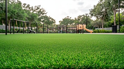 Vibrant green artificial grass field in a playground area with swings and a slide.