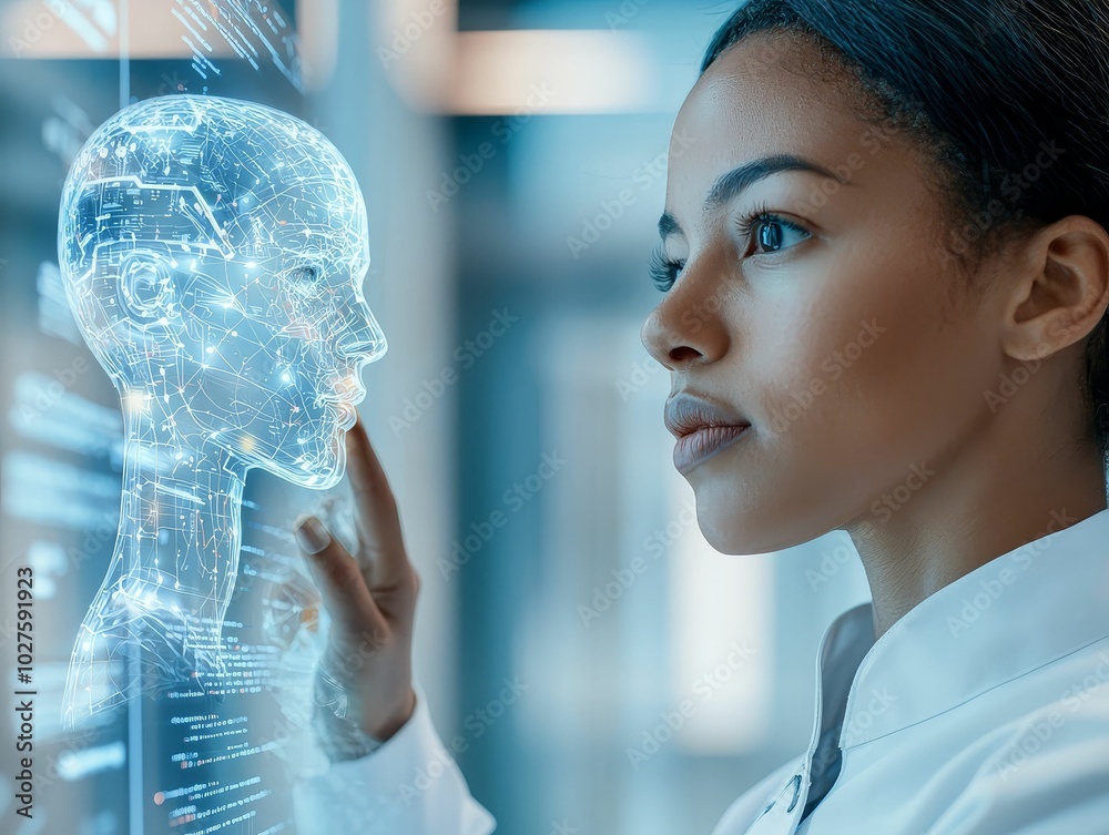 Scientist programming a robot's AI in a research lab, with a digital ...