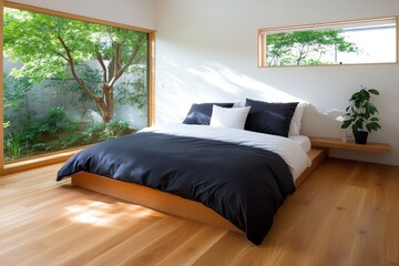 Poster - Person waking up in a minimalist bedroom, with clean lines and soft, natural light, feeling clear-headed and fully refreshed after a night of restful sleep