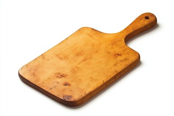 A rustic wooden cutting board with a handle, isolated on a white background.